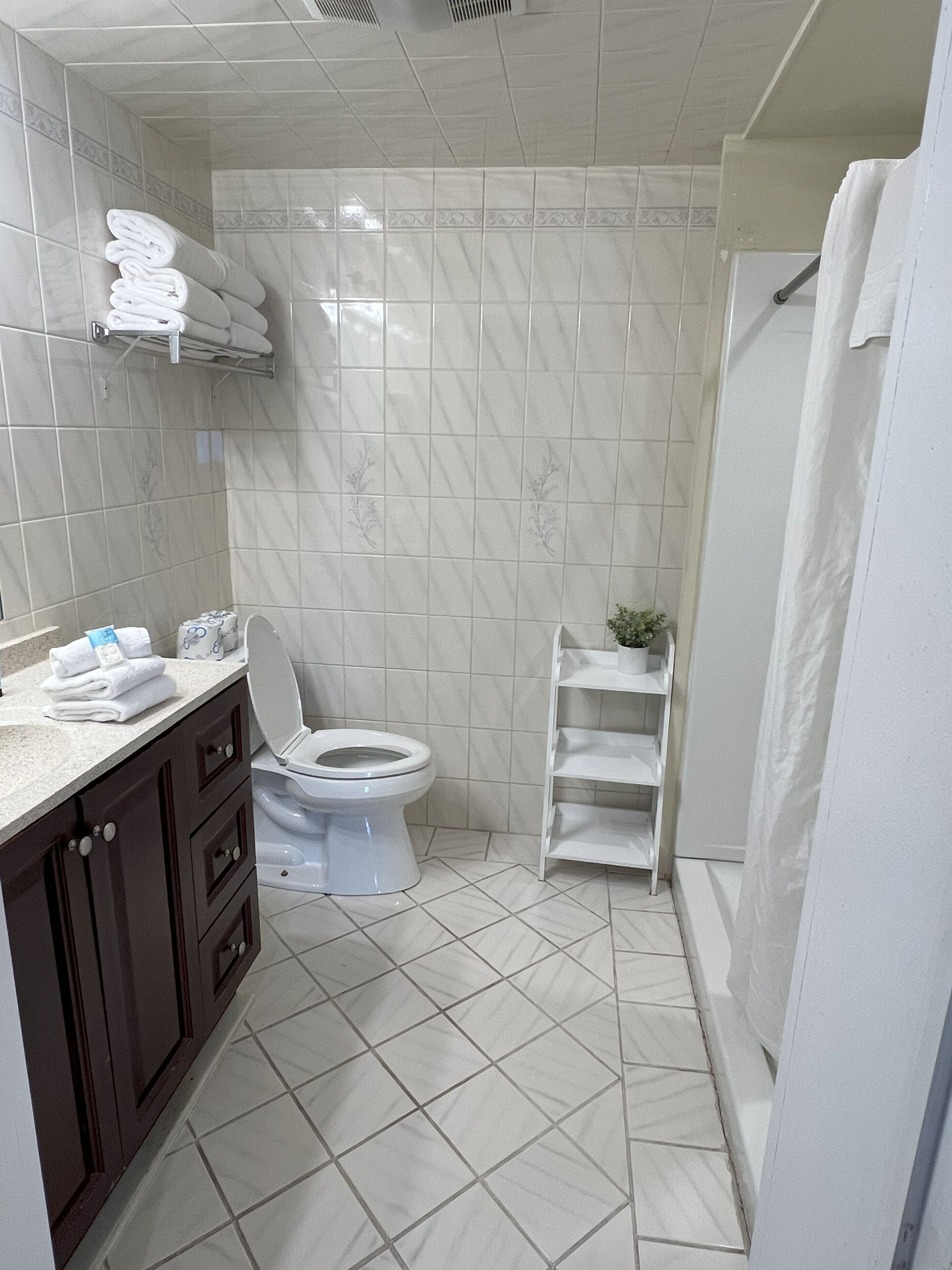 Un baño con inodoro, lavabo, ducha y estante con toallas.