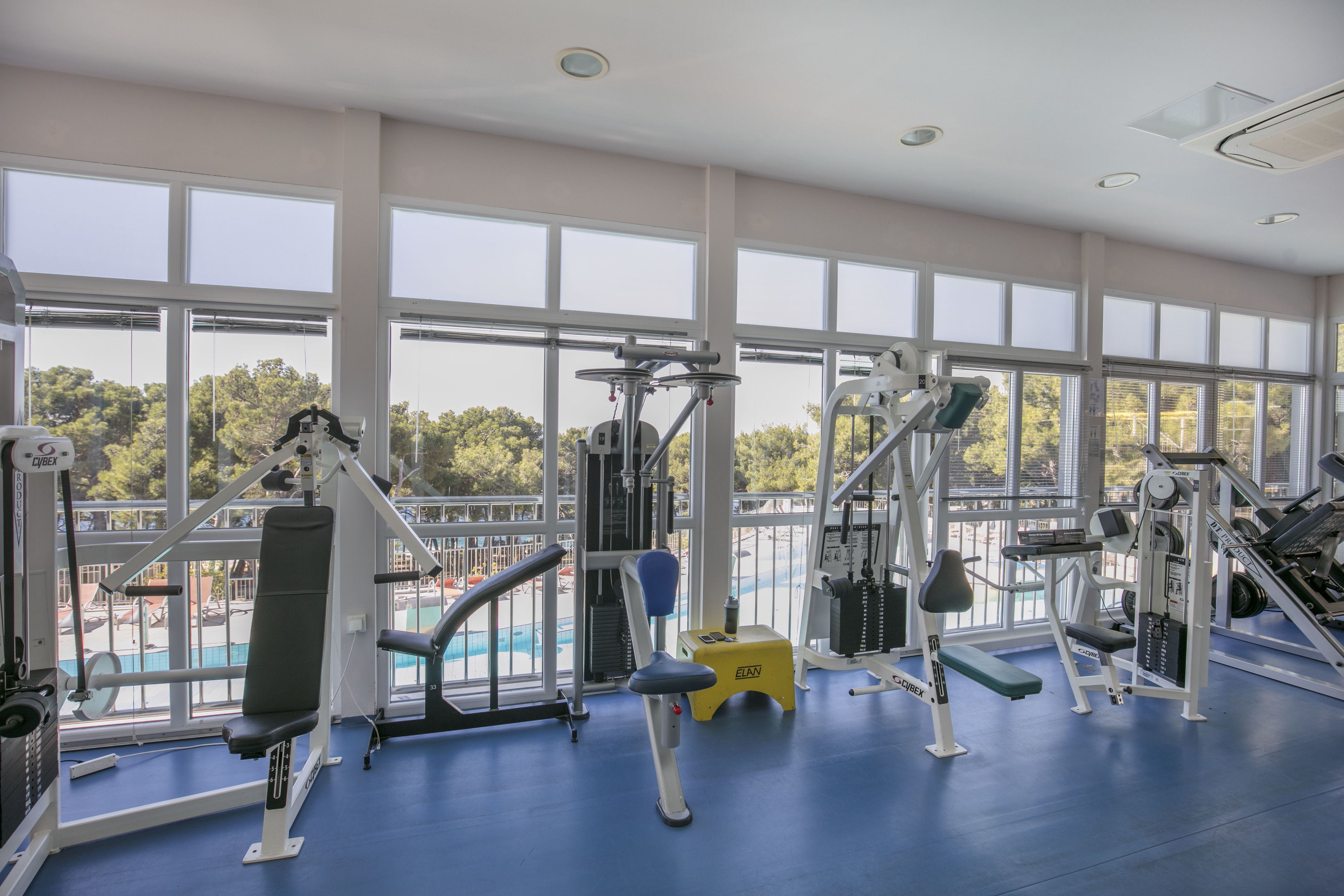 A gym with various exercise equipment, large windows, and a view of a swimming pool.
