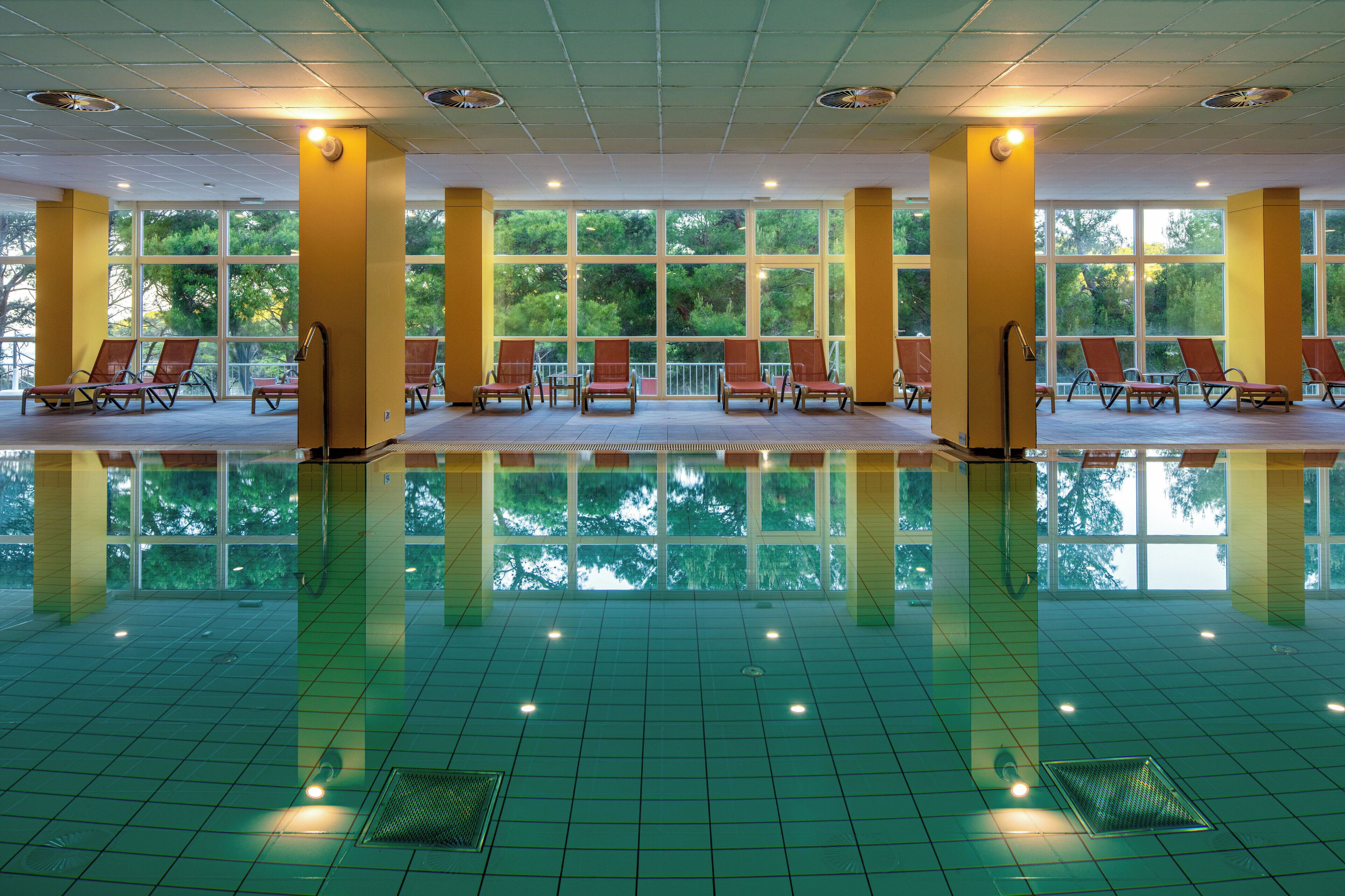 indoor pool, seasonal outdoor pool, pool loungers