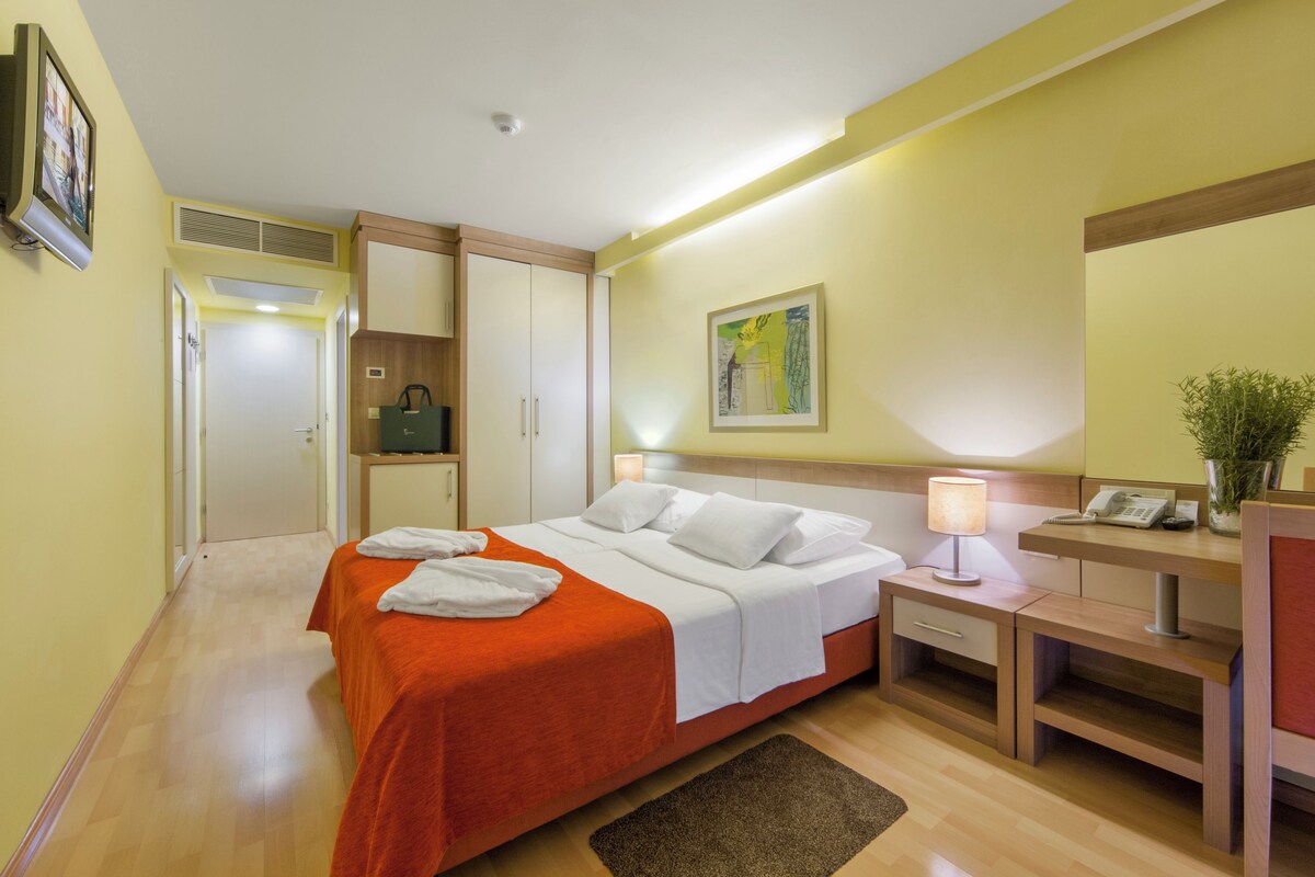 A hotel room with a bed, bedside table, lamp, and a desk with a phone and a plant.