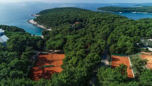 An aerial view of a coastal area with dense forest, a tennis court, and a small building. - Hotel Aurora (Mali Losinj)