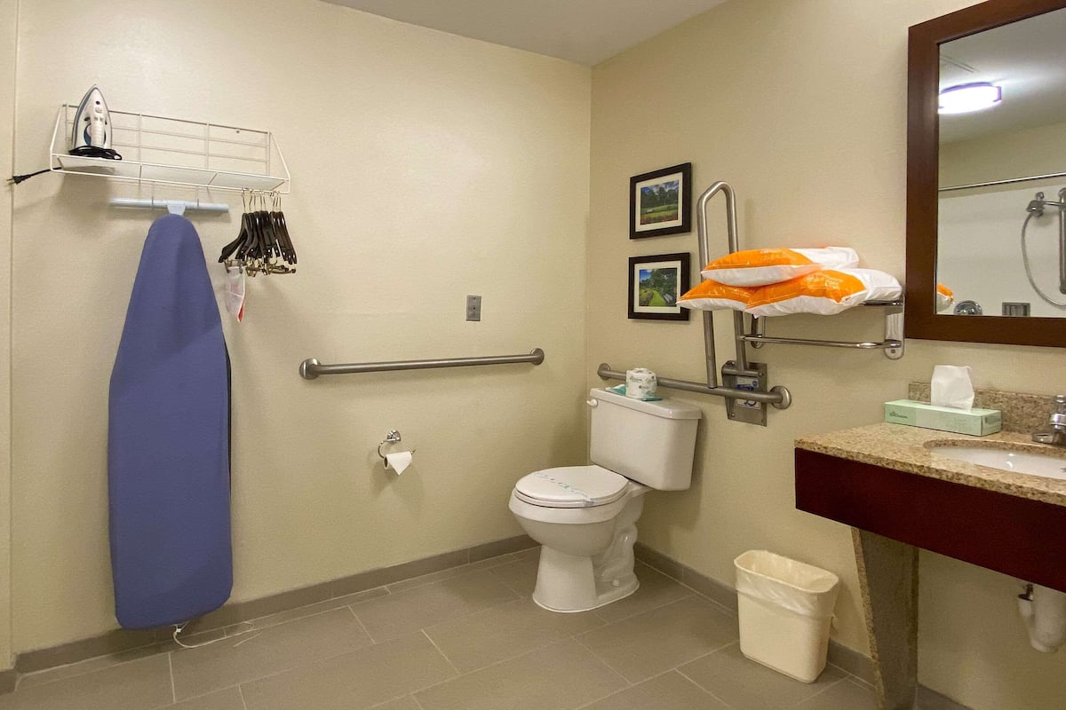 Un baño con inodoro, lavamanos y ducha. Hay un perchero con una toalla azul y un organizador de ducha con una toalla naranja.