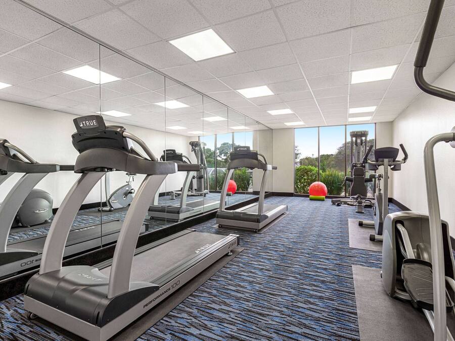 A gym with treadmills, elliptical machines, and exercise balls.