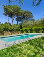 Una piscina rettangolare con acqua cristallina e azzurra, circondata da vegetazione rigogliosa e alberi.