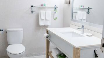 A modern bathroom with a toilet, sink, and mirror.