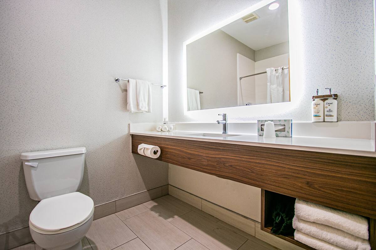 A modern bathroom with a toilet, sink, and mirror.