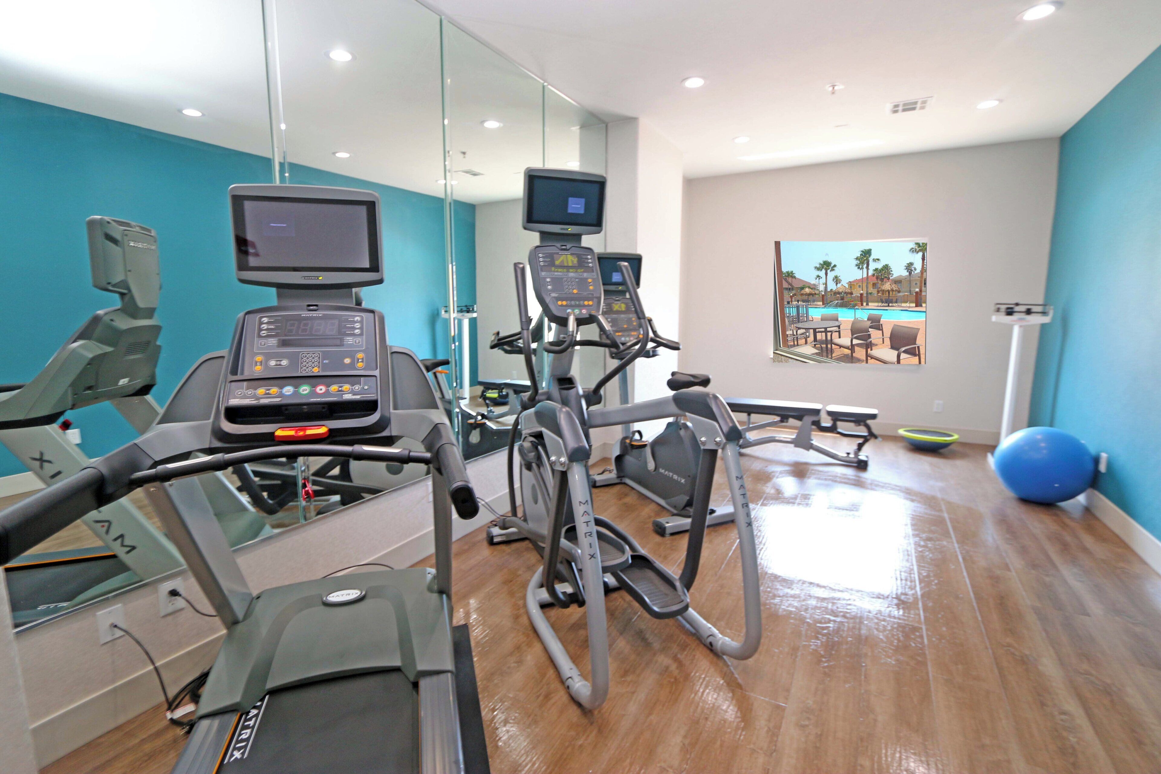 A gym with cardio machines, a pool view, and exercise balls.