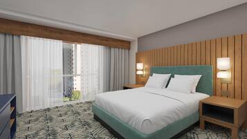 A hotel room with a large bed, two bedside tables, a wooden headboard, and a view of the city through floor-to-ceiling windows.