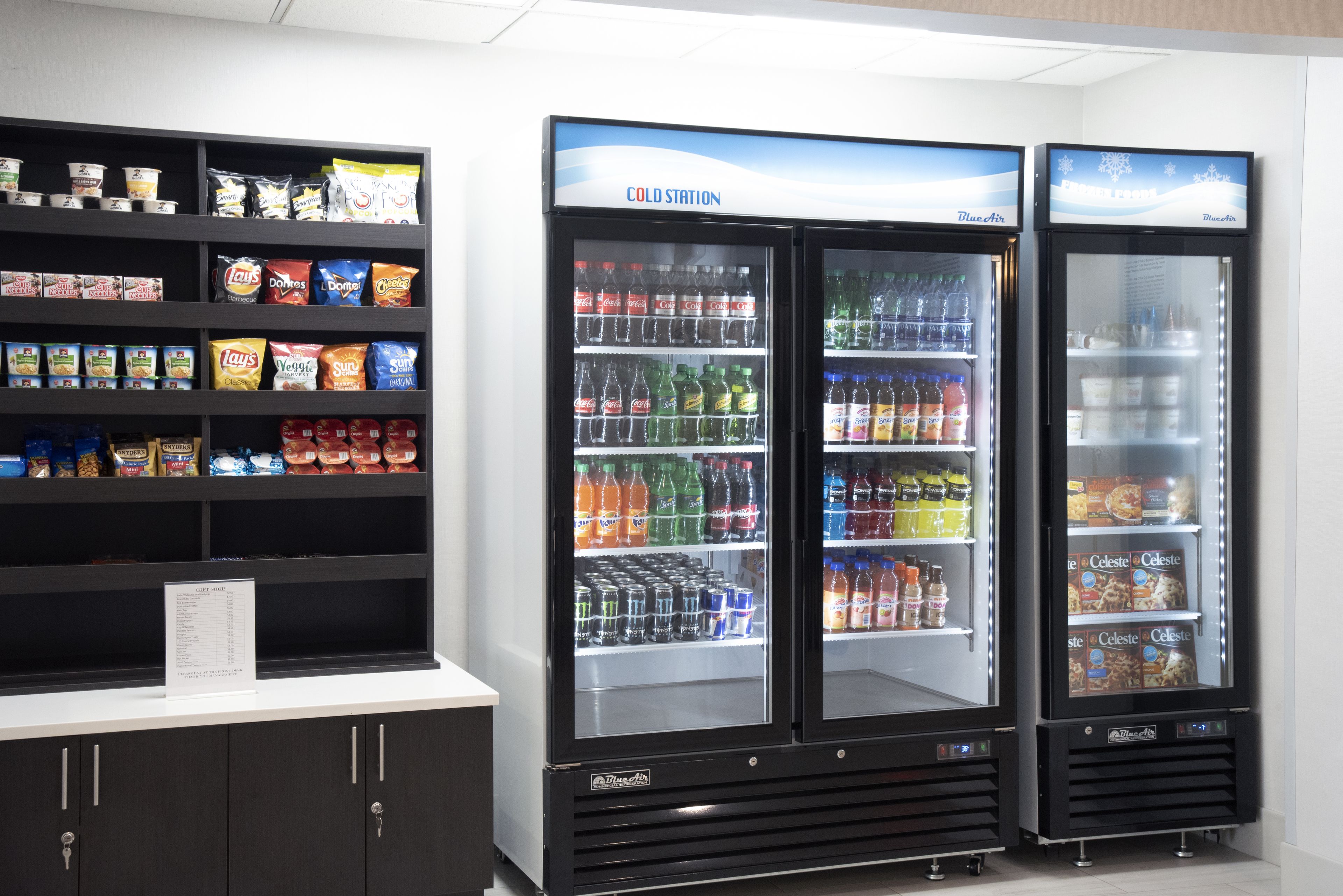 A vending machine area with snacks and beverages.
