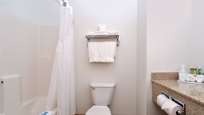 Une petite salle de bain propre, équipée de toilettes, d’un rideau de douche, d’un porte-serviettes et d’un support à papier toilette.