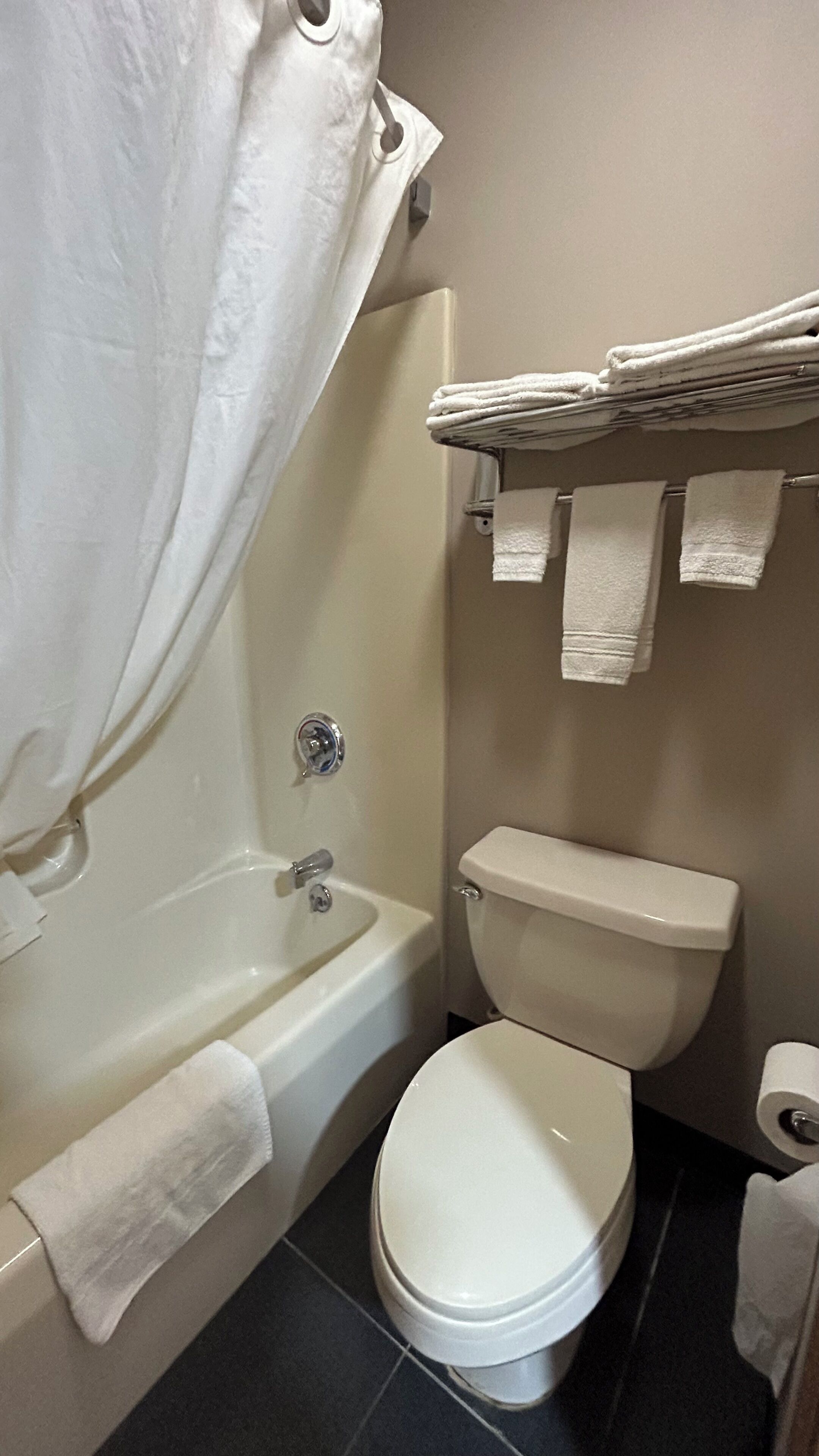 A bathroom with a bathtub, toilet, and a towel rack with folded towels.