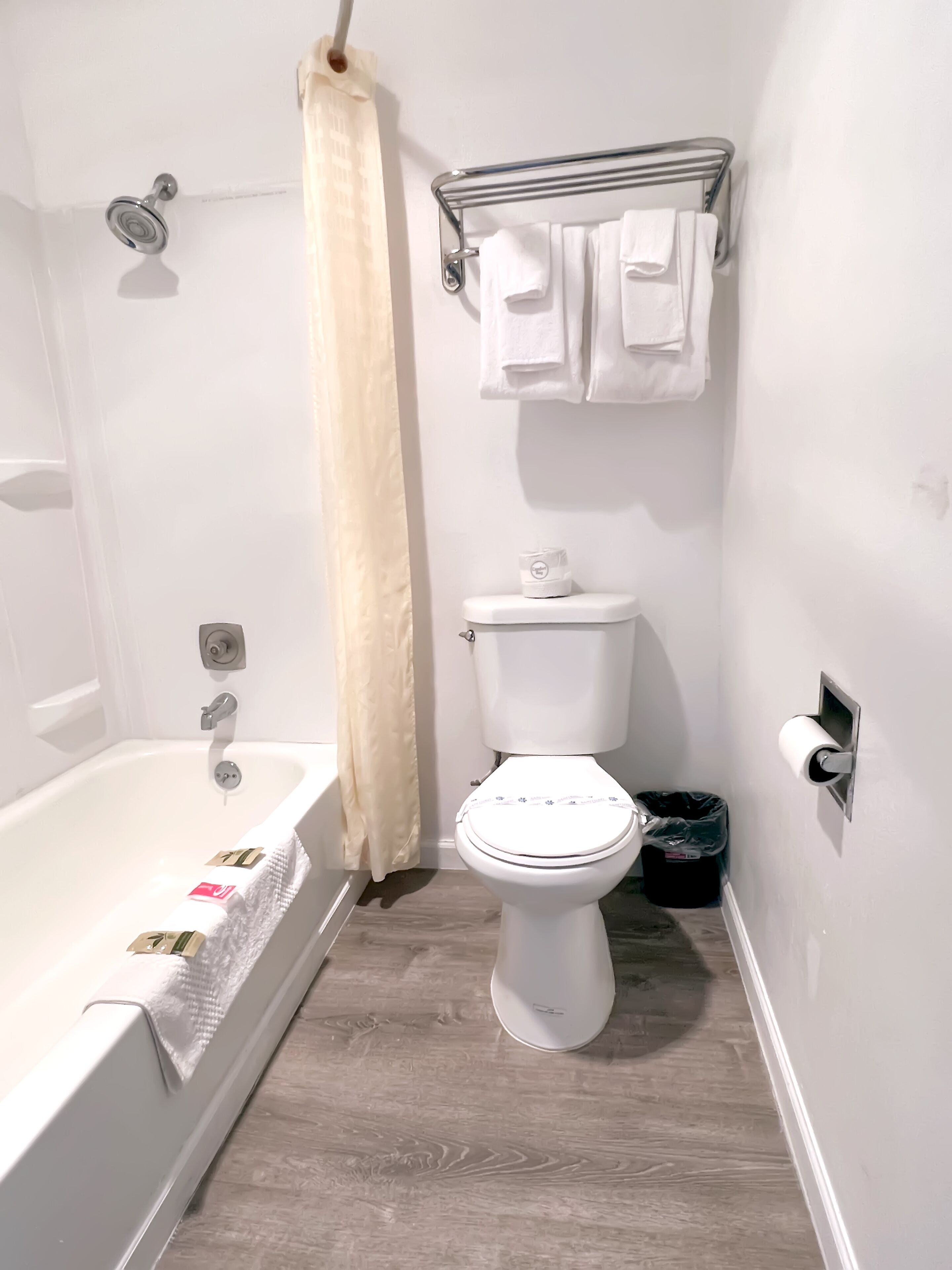 A bathroom with a bathtub, toilet, and shower curtain.