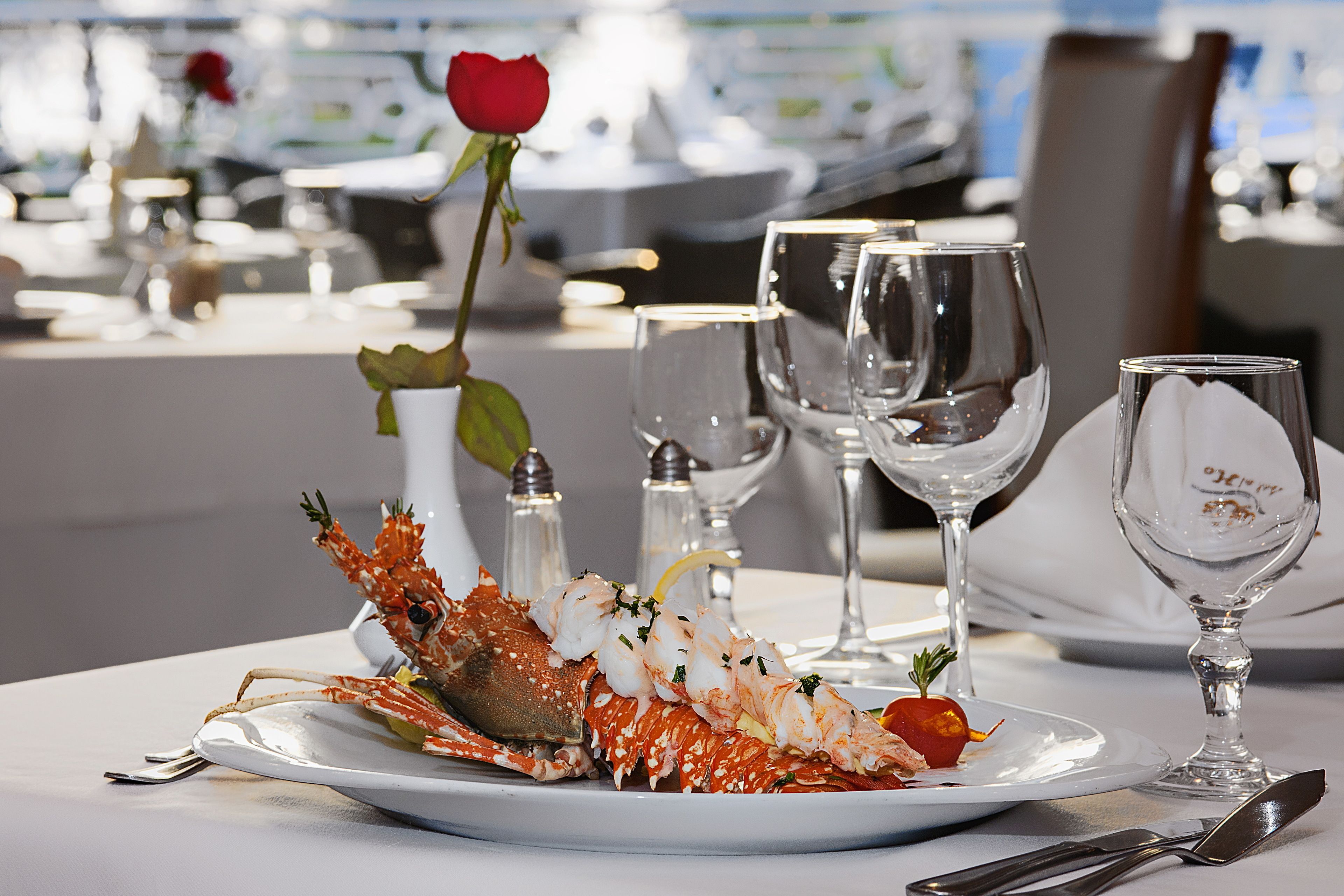 Una mesa de comedor con un plato de langosta, saleros, posavasos para copas de vino y una rosa.
