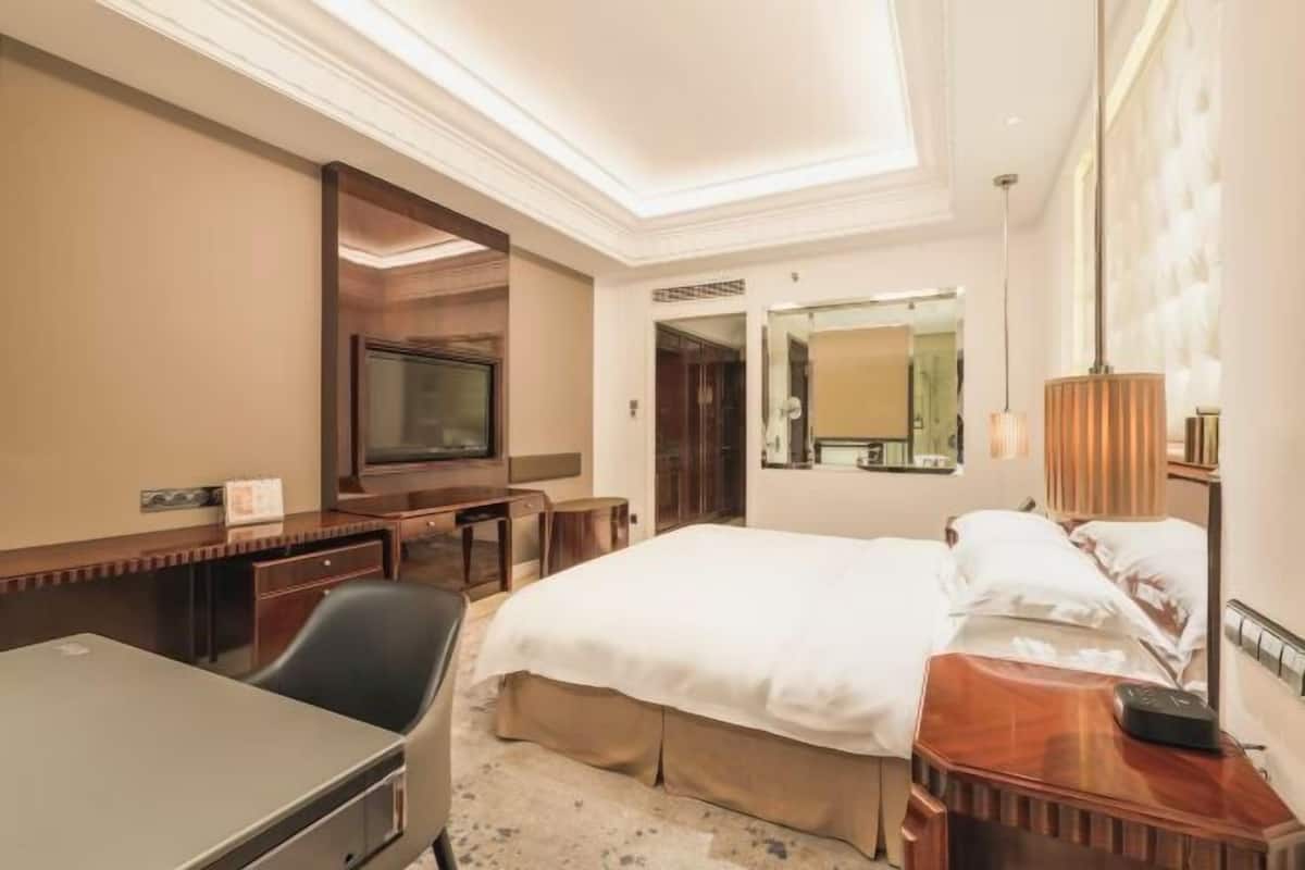 Habitación de hotel con cama, escritorio, silla, televisor y espejo.