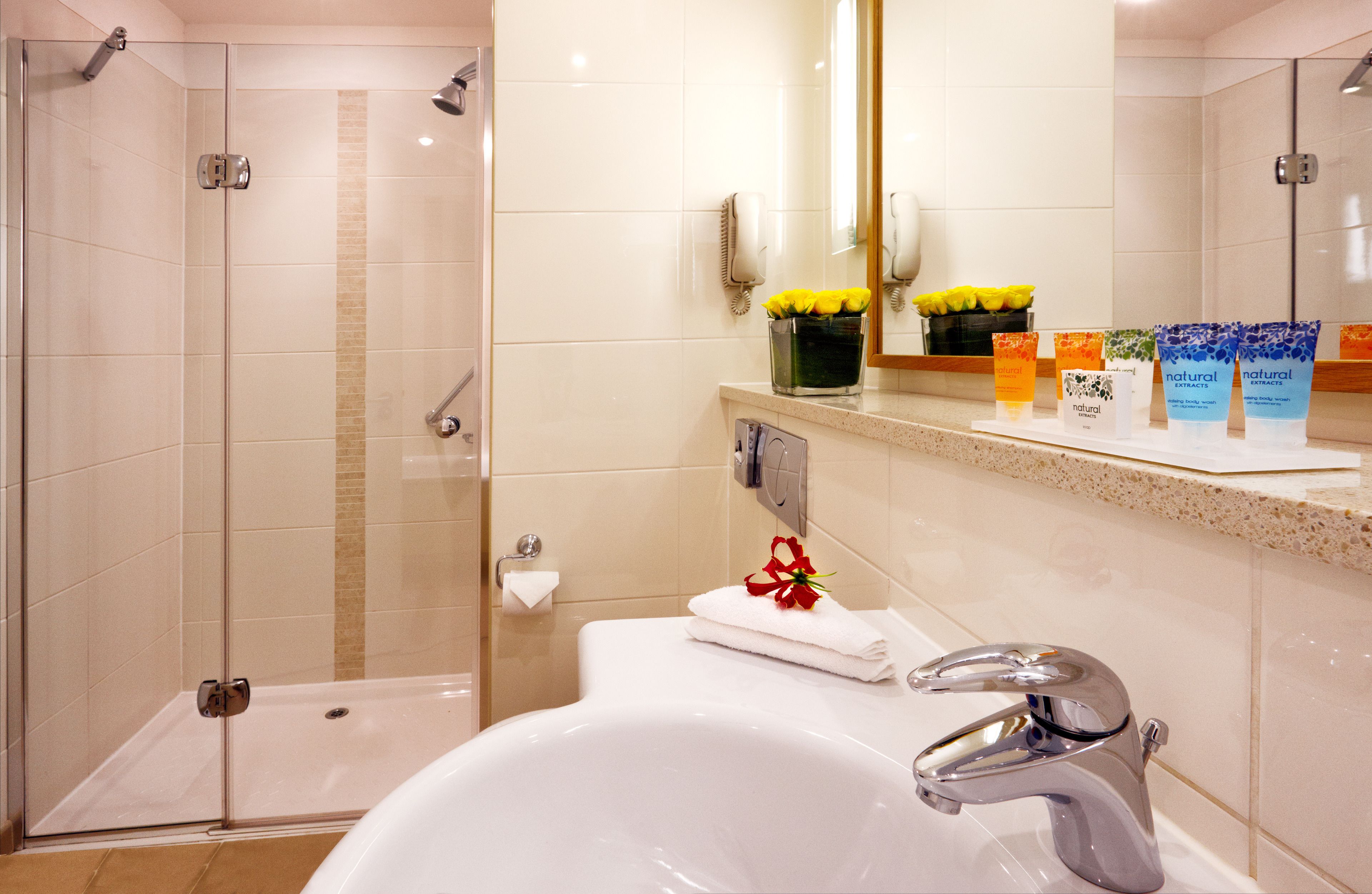 shower, free toiletries, hair dryer, towels