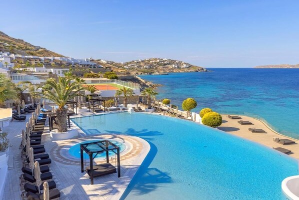 Indoor pool, seasonal outdoor pool, pool umbrellas