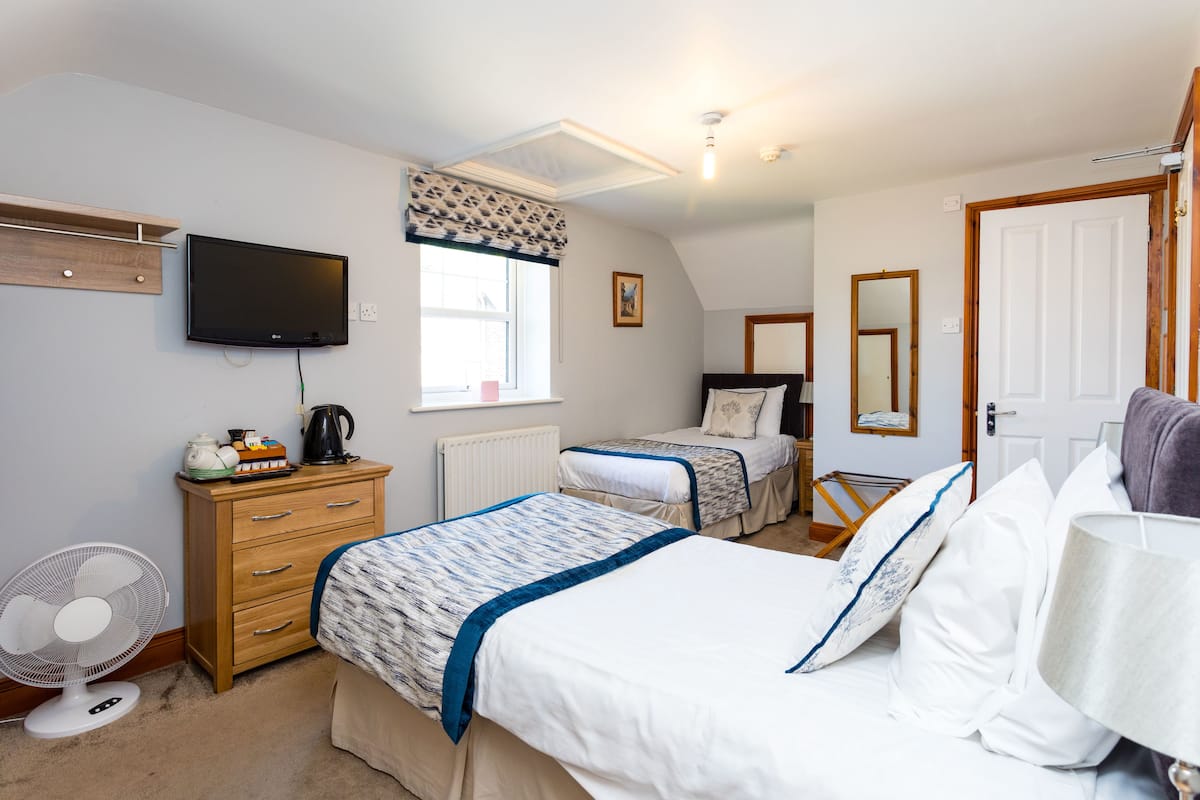 A bedroom with two beds, a TV, a dresser, a radiator, and a window with curtains.