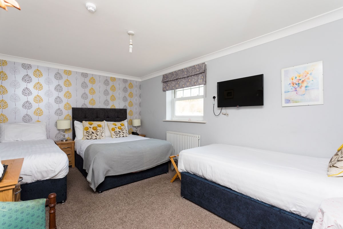 A bedroom with two beds, a TV, a window, and a radiator.