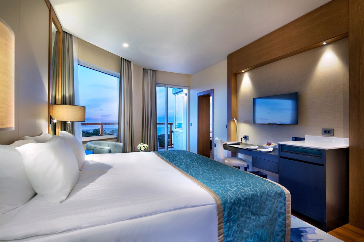 A hotel room with a large bed, a desk, a television, and a view of the city.