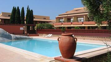 Seasonal outdoor pool, open 9:00 AM to 7:00 PM, pool loungers