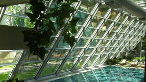 Piscina interior com teto de vidro moderno e vista para o exterior.