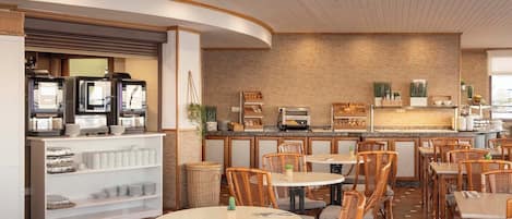 A restaurant with round tables and wicker chairs, a coffee bar with espresso machines, and a brick wall backdrop.