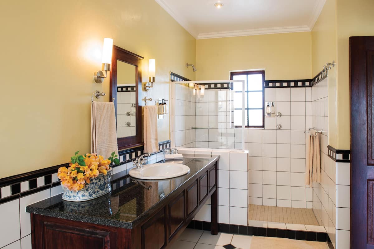 deluxe room | bathroom | designer toiletries, hair dryer, towels