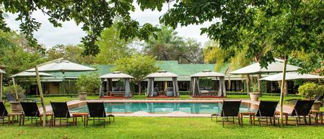 Piscine extérieure, parasols de plage, chaises longues