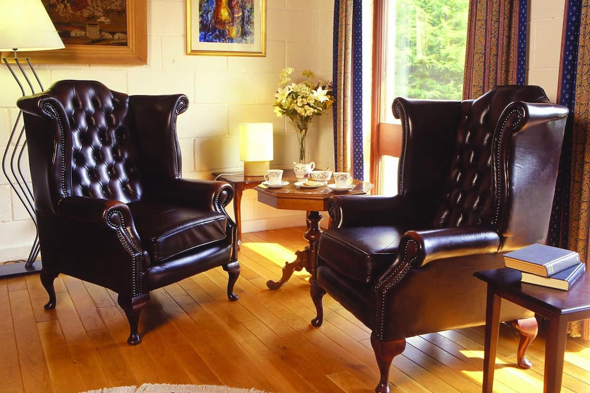 Une pièce comprenant deux fauteuils en cuir, une table basse en bois, une lampe, un vase avec des fleurs et un tableau accroché au mur.