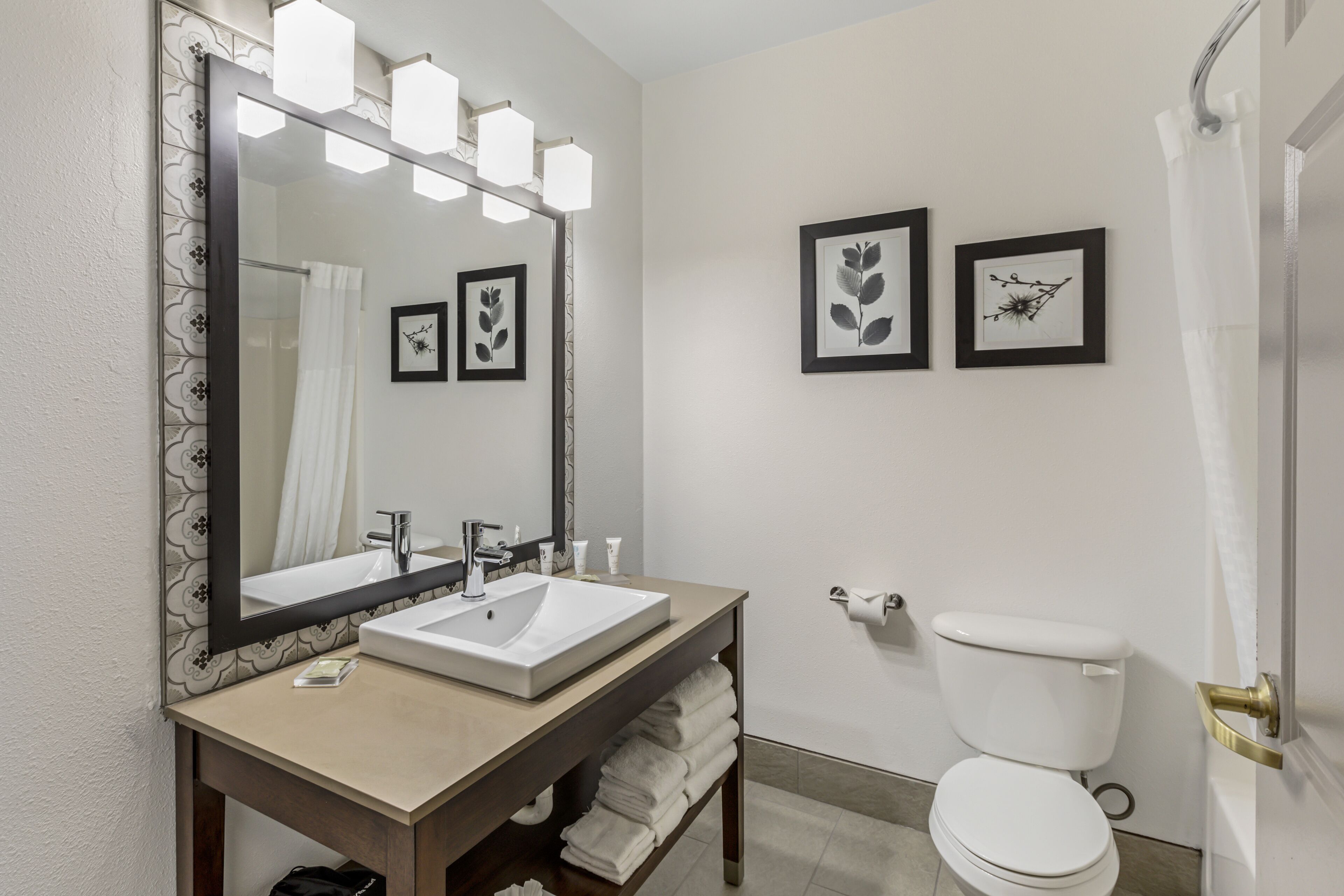 combined shower/bathtub, free toiletries, hair dryer, towels