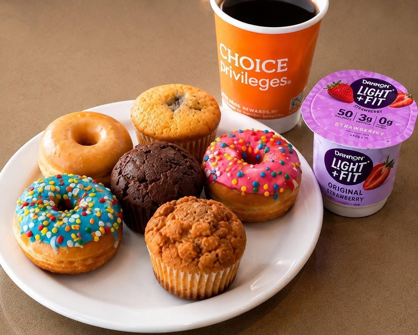 Ein Teller mit verschiedenen Donuts, einer Kaffeetasse und einer Portion Dannon Light+Fit Joghurt.