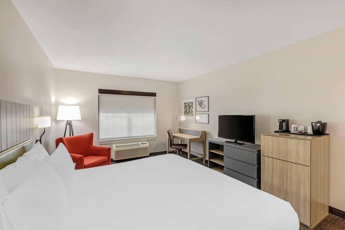 A hotel room with a bed, a desk, a chair, a television, and a minibar.