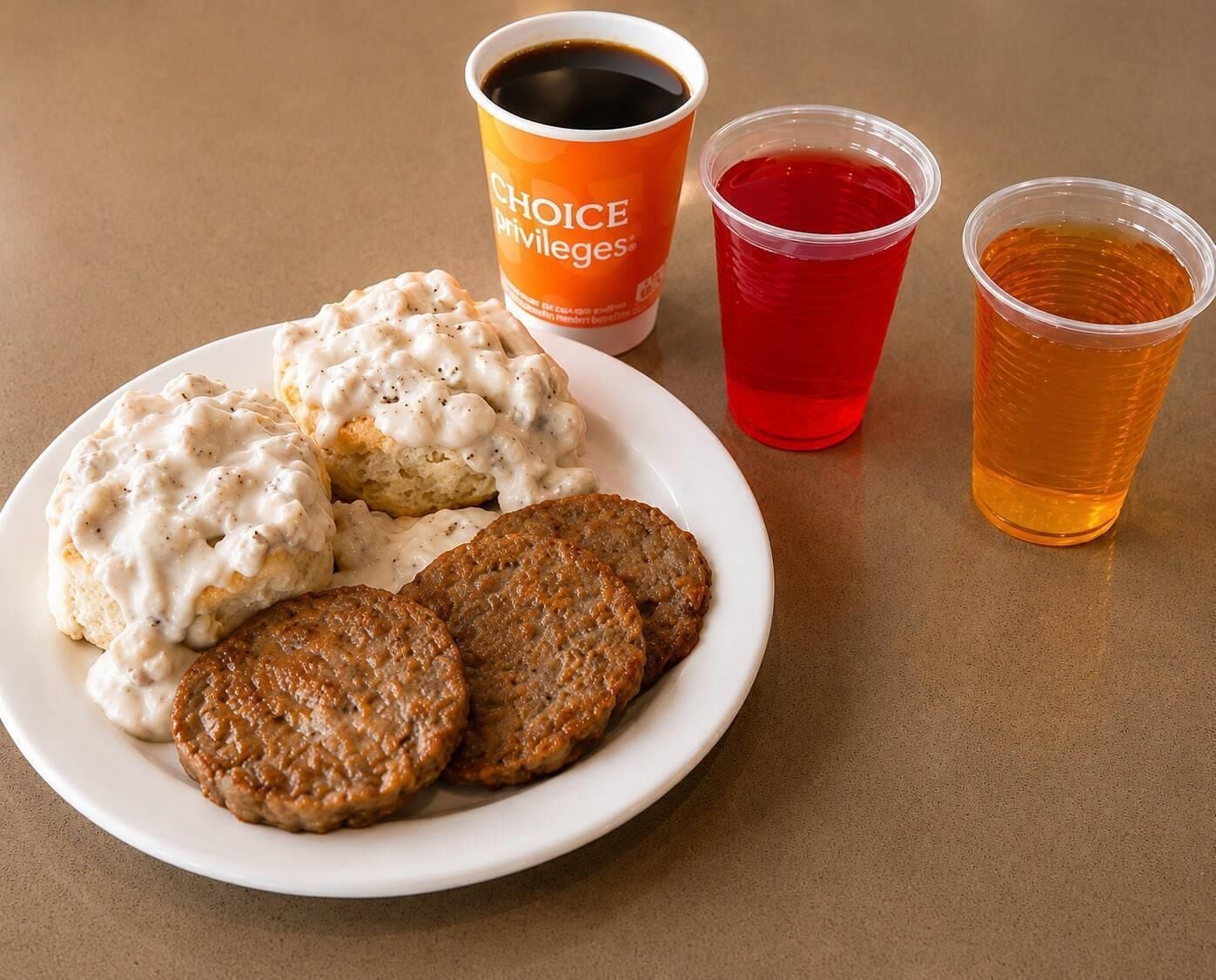 A plate with biscuits and sausage, a cup of coffee, and two drinks on a table.