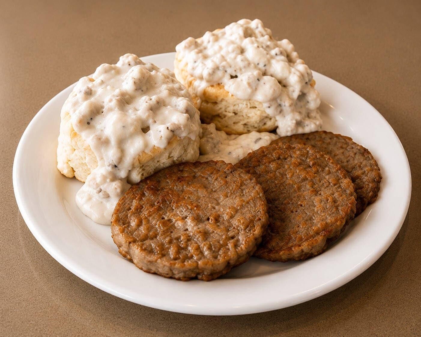 A plate with biscuits and sausage patties.