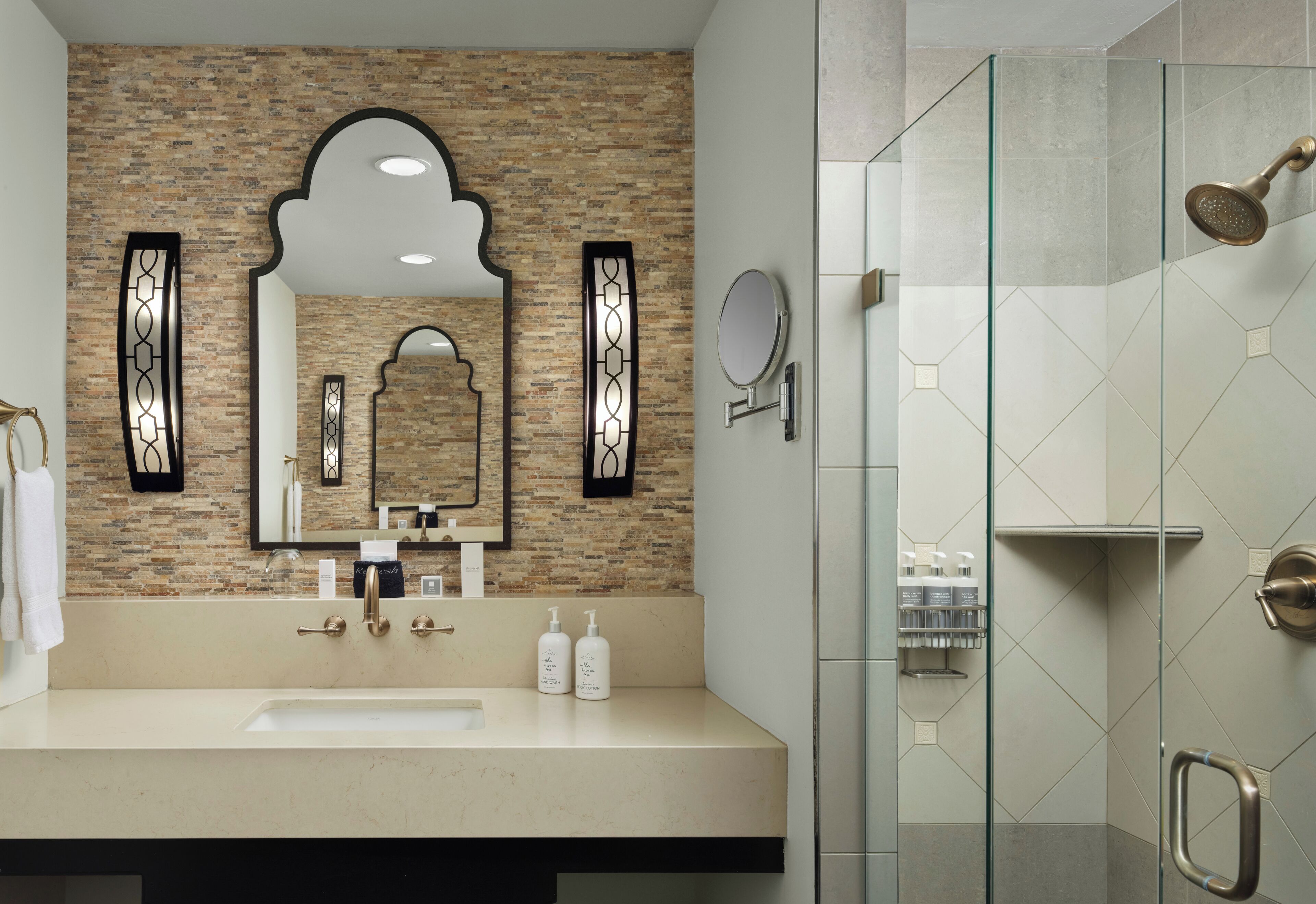 signature room, 2 queen beds (grove) | bathroom | rainfall showerhead, designer toiletries, hair dryer, bathrobes