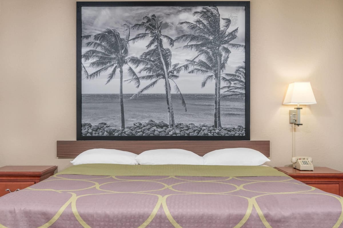 A hotel room with a bed, a nightstand with a lamp, and a framed picture of palm trees on the wall.