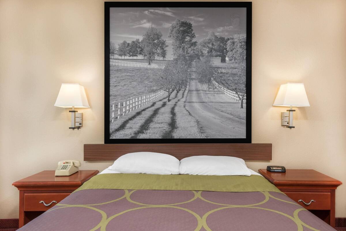A hotel room with a bed, two bedside lamps, a framed picture on the wall, and a telephone on the nightstand.