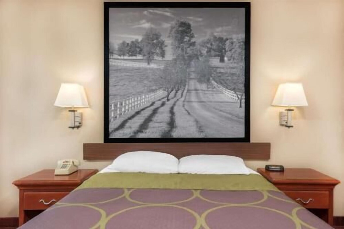 A hotel room with a bed, two bedside lamps, a telephone, and a framed black and white photograph on the wall.