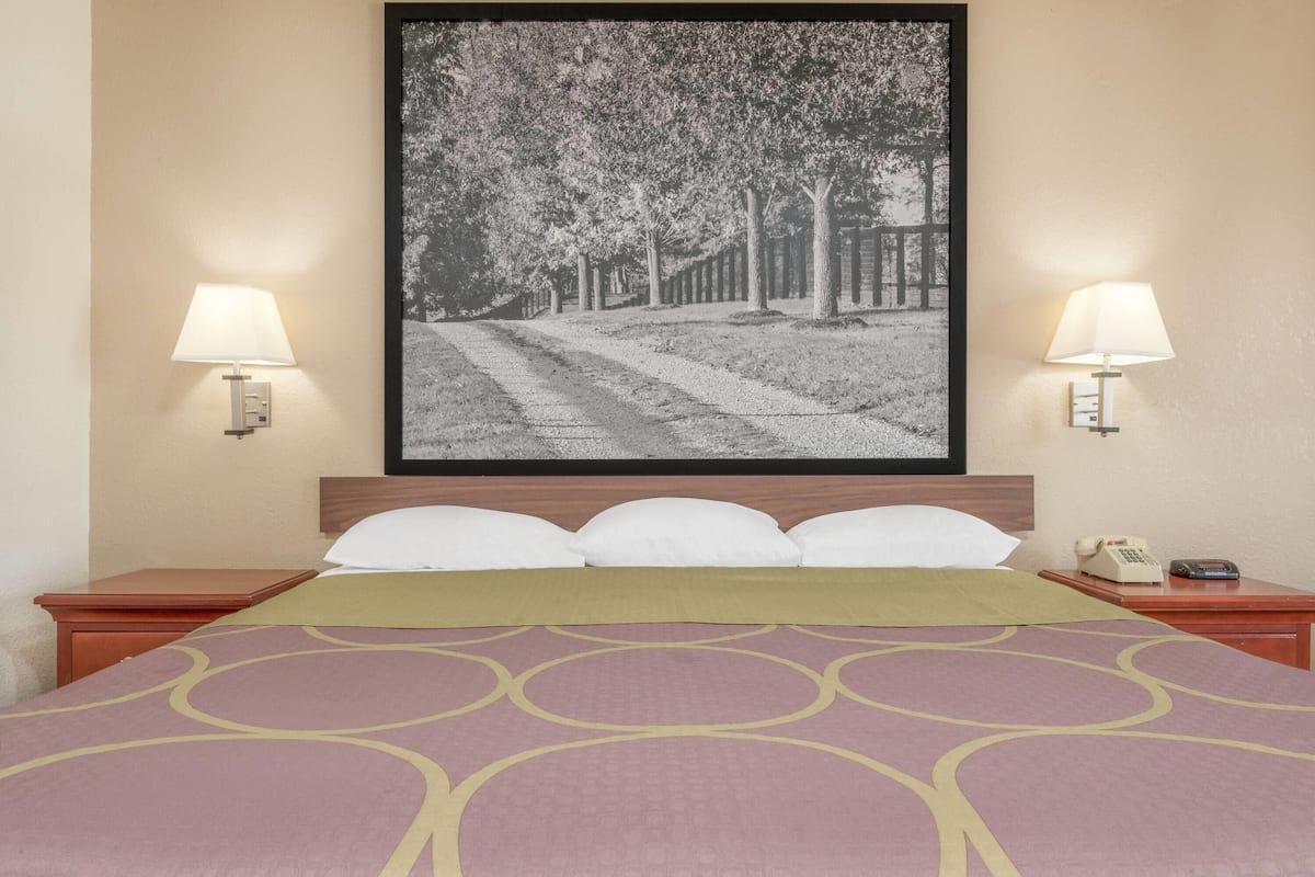 A hotel room with a bed, two bedside lamps, a framed picture on the wall, and a telephone on the nightstand.