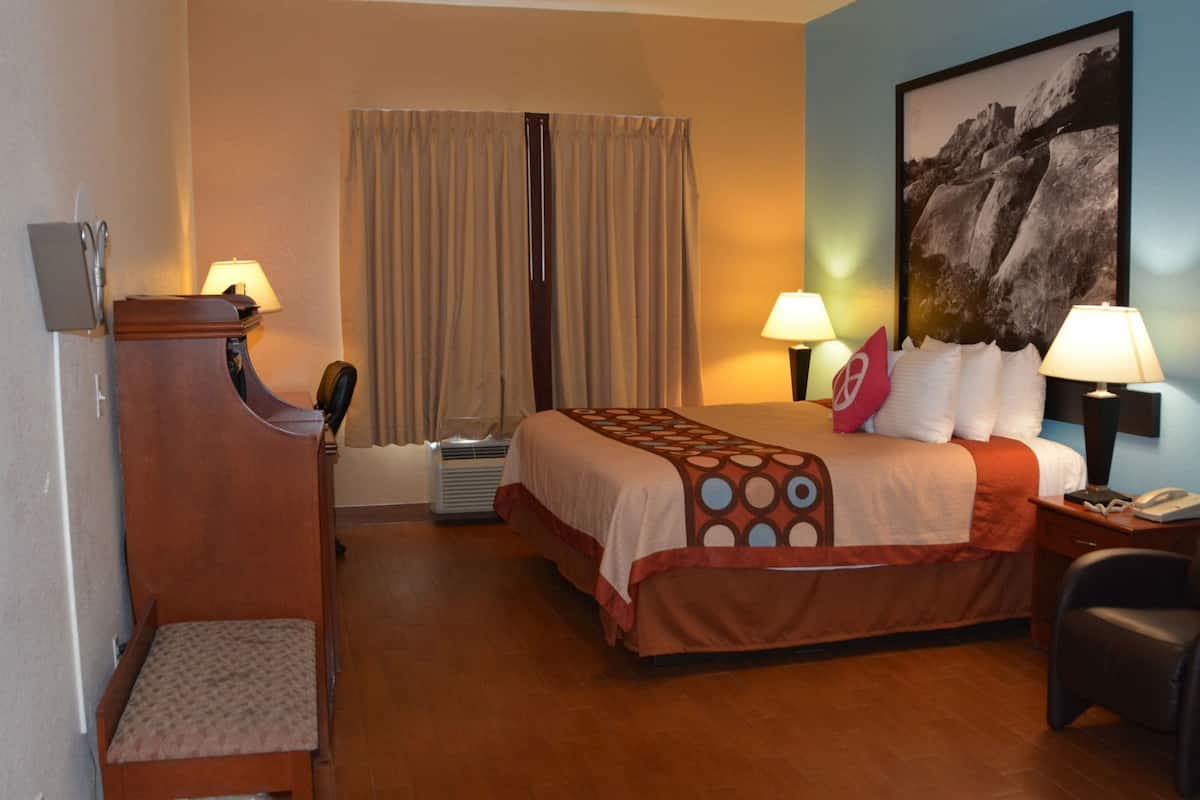 Una habitación de hotel con cama, dos lámparas de noche, un escritorio con silla, un calentador y un cuadro grande en la pared.