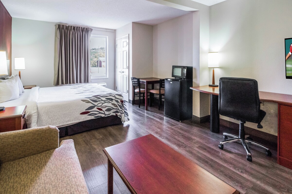 A hotel room with a bed, a desk, a chair, a television, and a lamp.