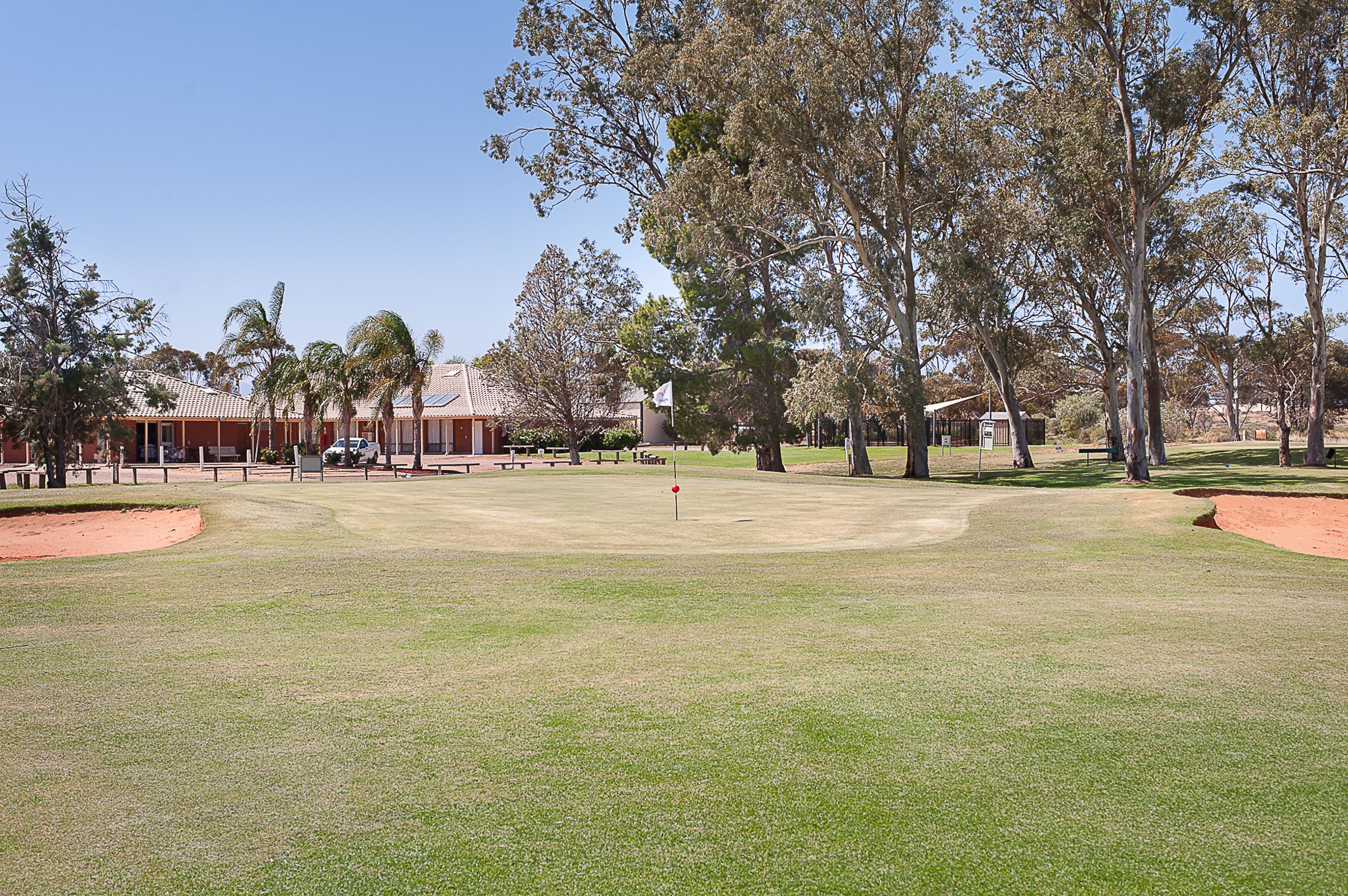 A golf course with a clear sky, trees, and a building in the background.