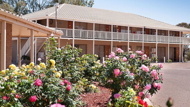 Un motel composé d’un bâtiment à deux étages, d’une allée couverte et d’un jardin aménagé avec des rosiers.