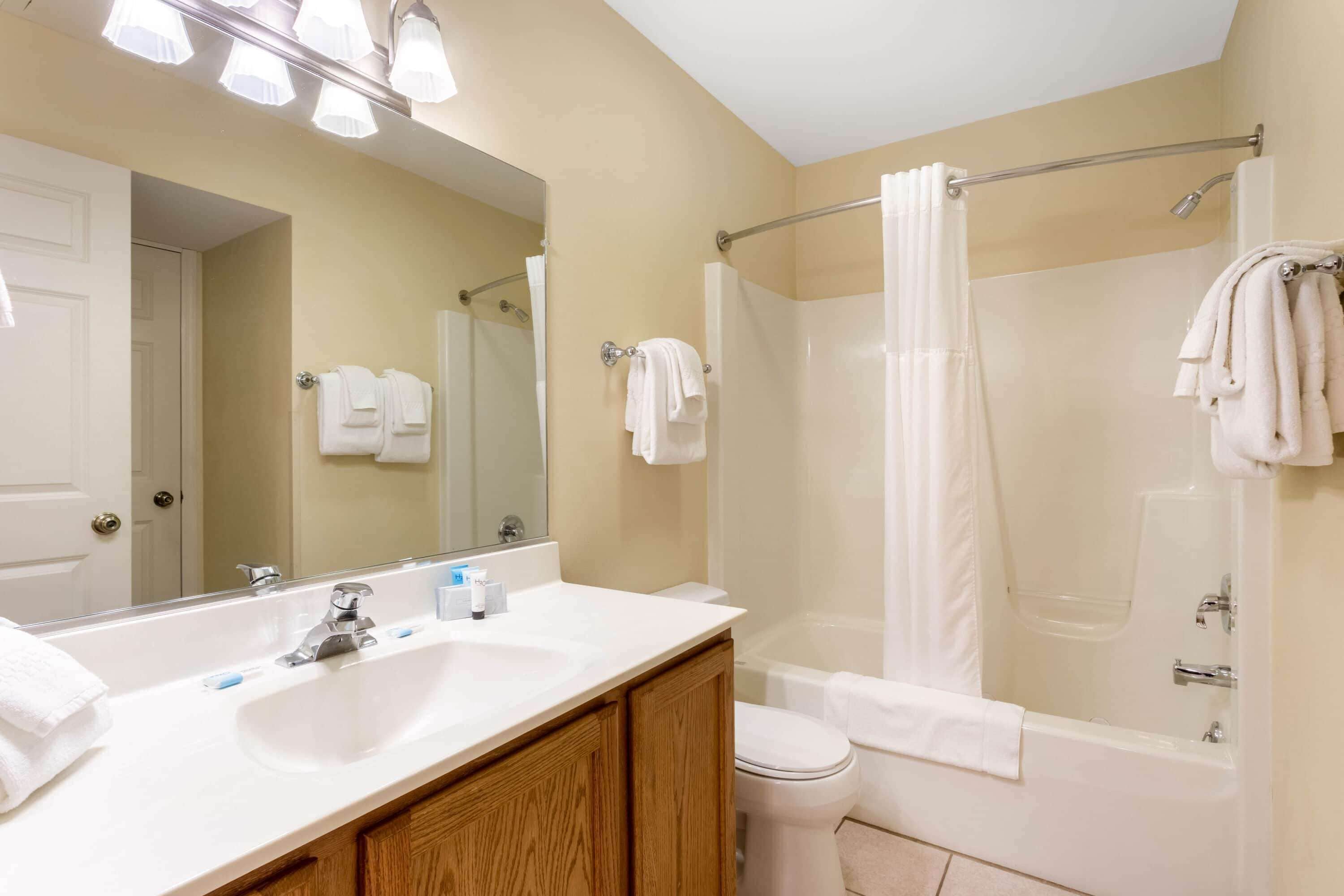 Un baño con lavamanos, espejo, inodoro y bañera.