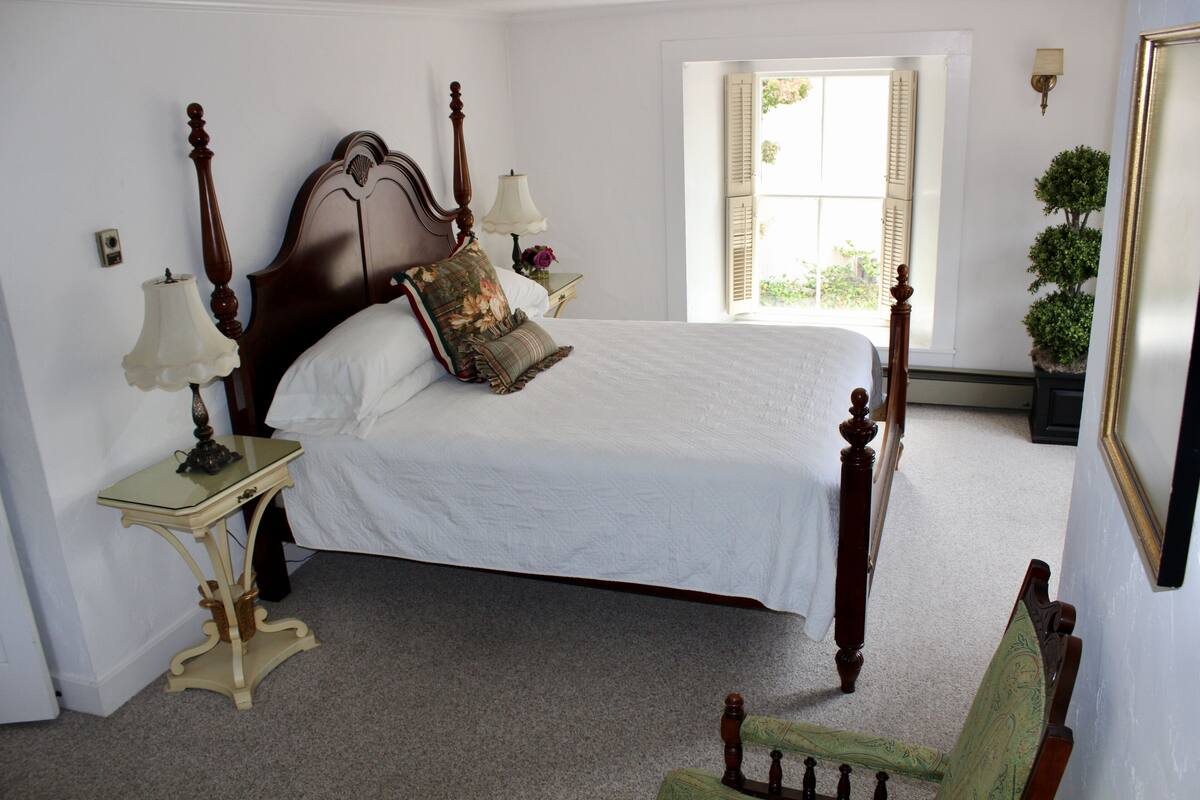 A bedroom with a large bed, two bedside tables, a nightstand, a window with shutters, and a potted plant.