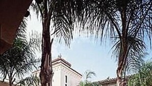 Une cour avec une fontaine, des palmiers et un bâtiment orné d’arcades.