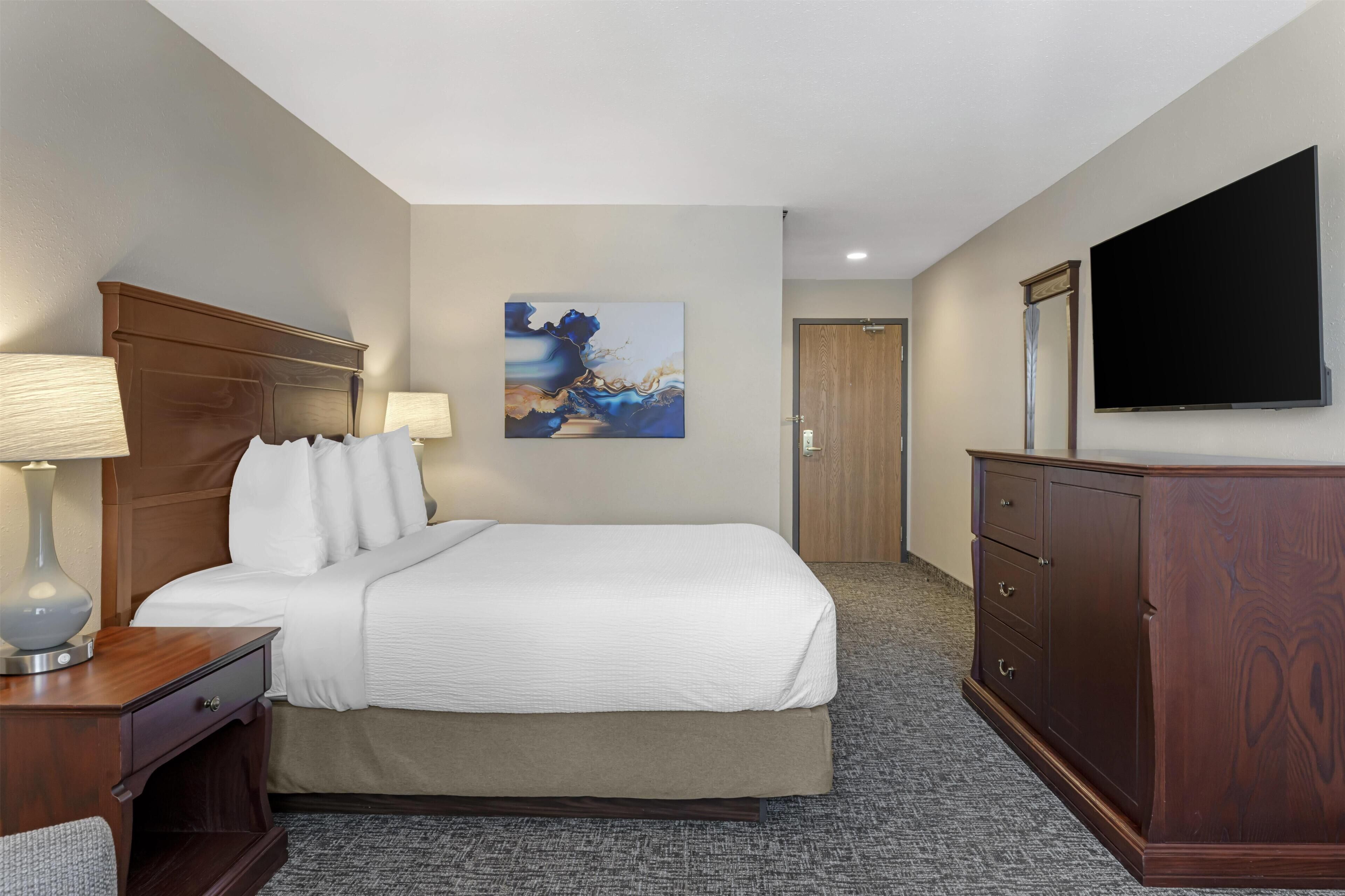 Une chambre d’hôtel avec un lit, une table de chevet, une lampe, une commode, un tableau au mur et un téléviseur.