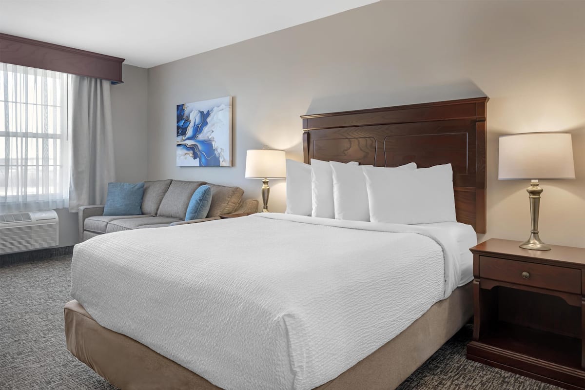 A hotel room with a large bed, two bedside tables with lamps, a sofa with cushions, a painting on the wall, and a window with curtains.