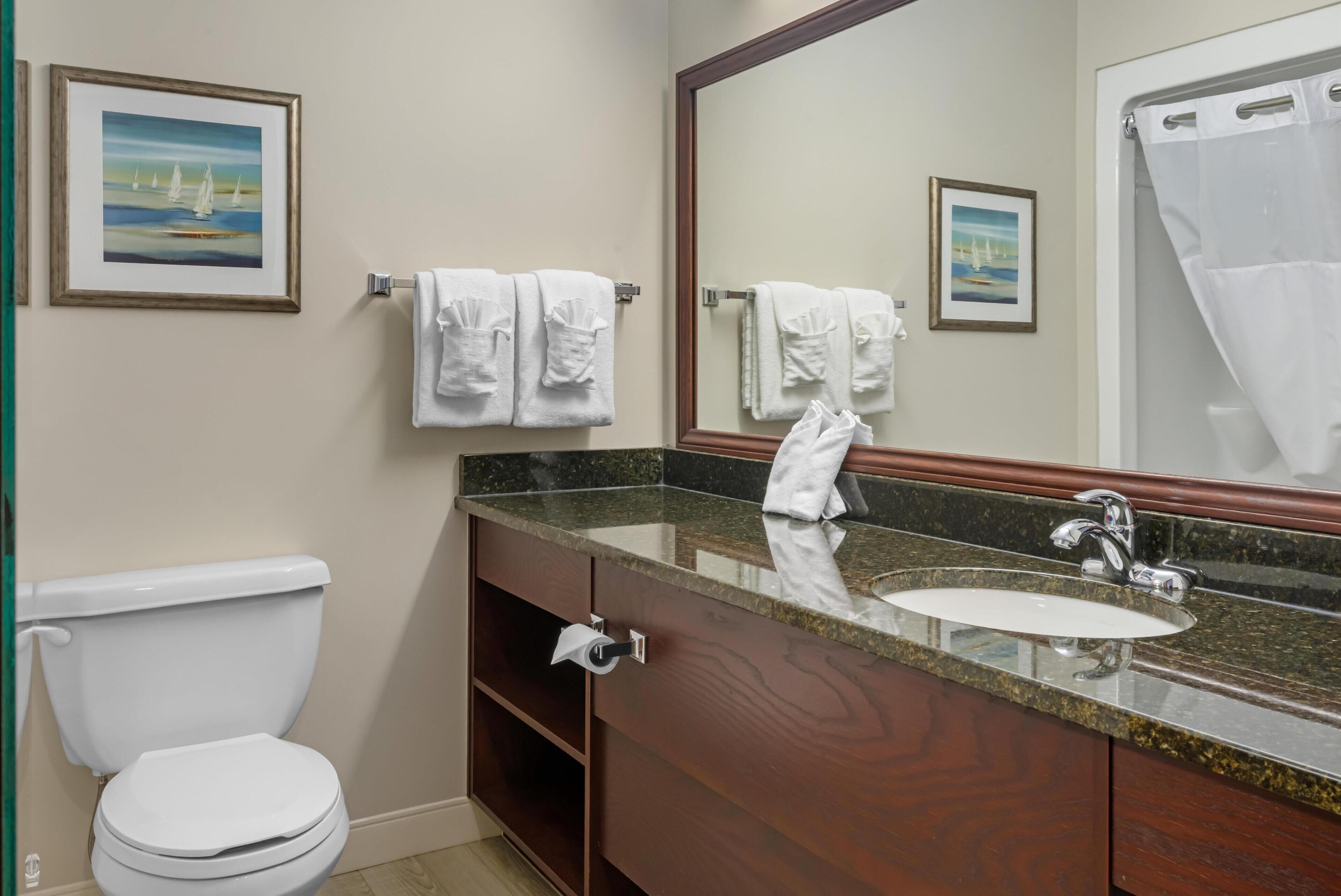 Un baño con inodoro, lavabo y espejo.
