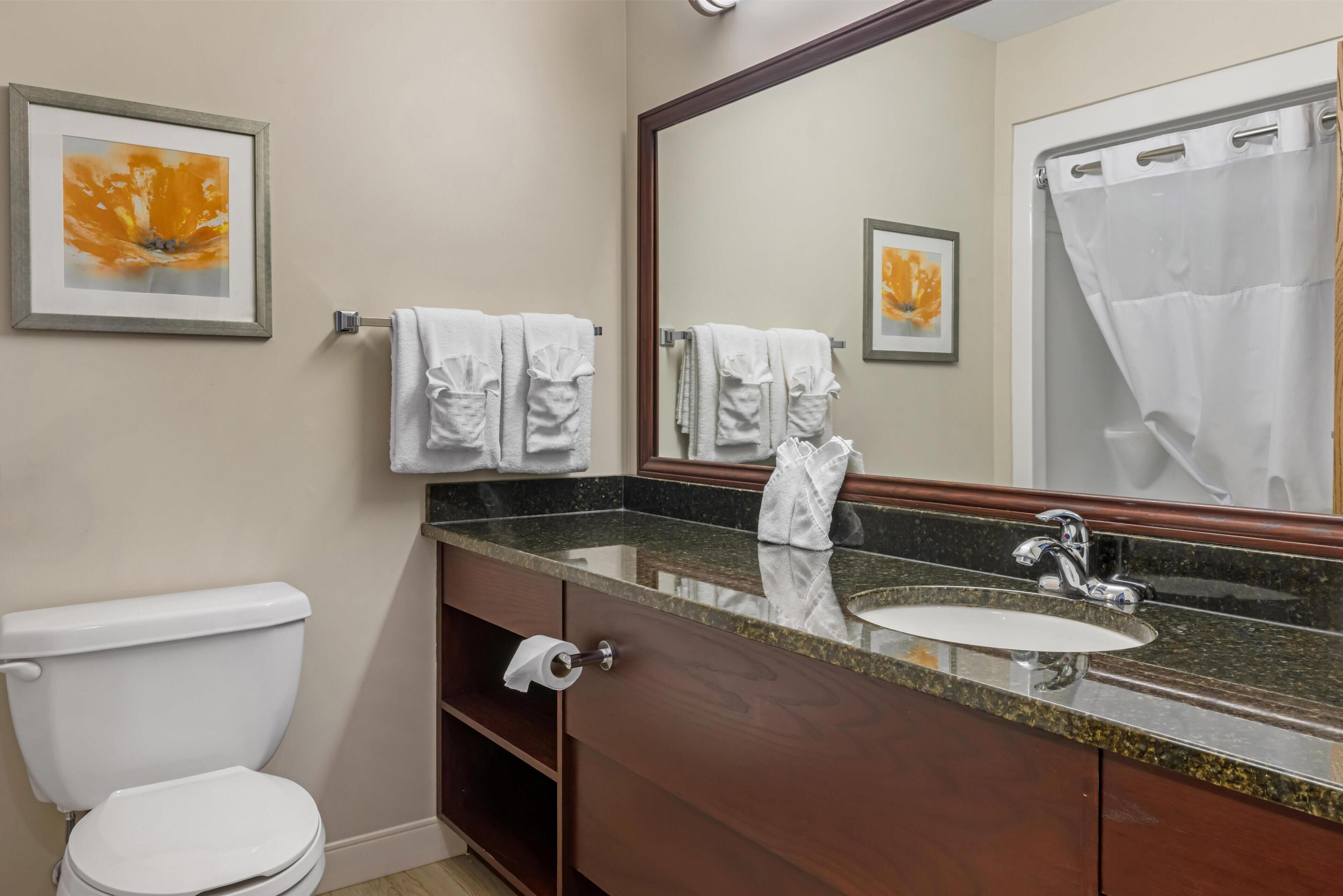Une salle de bain équipée de toilettes, d’un lavabo, d’un miroir et de serviettes.